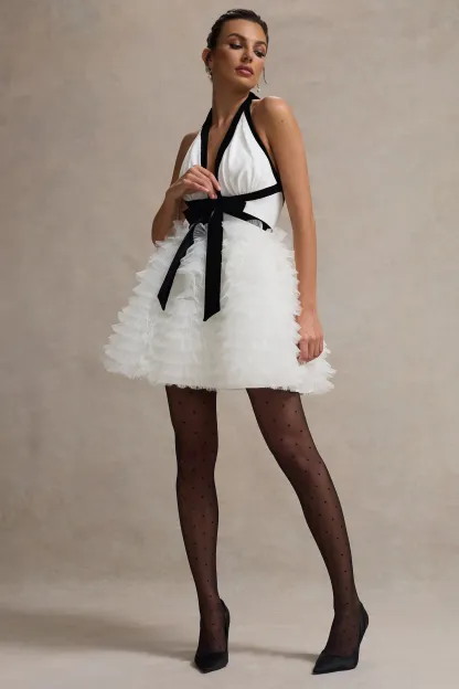 Black & White Plunge-Neck Mini Dress With Tulle Skirt