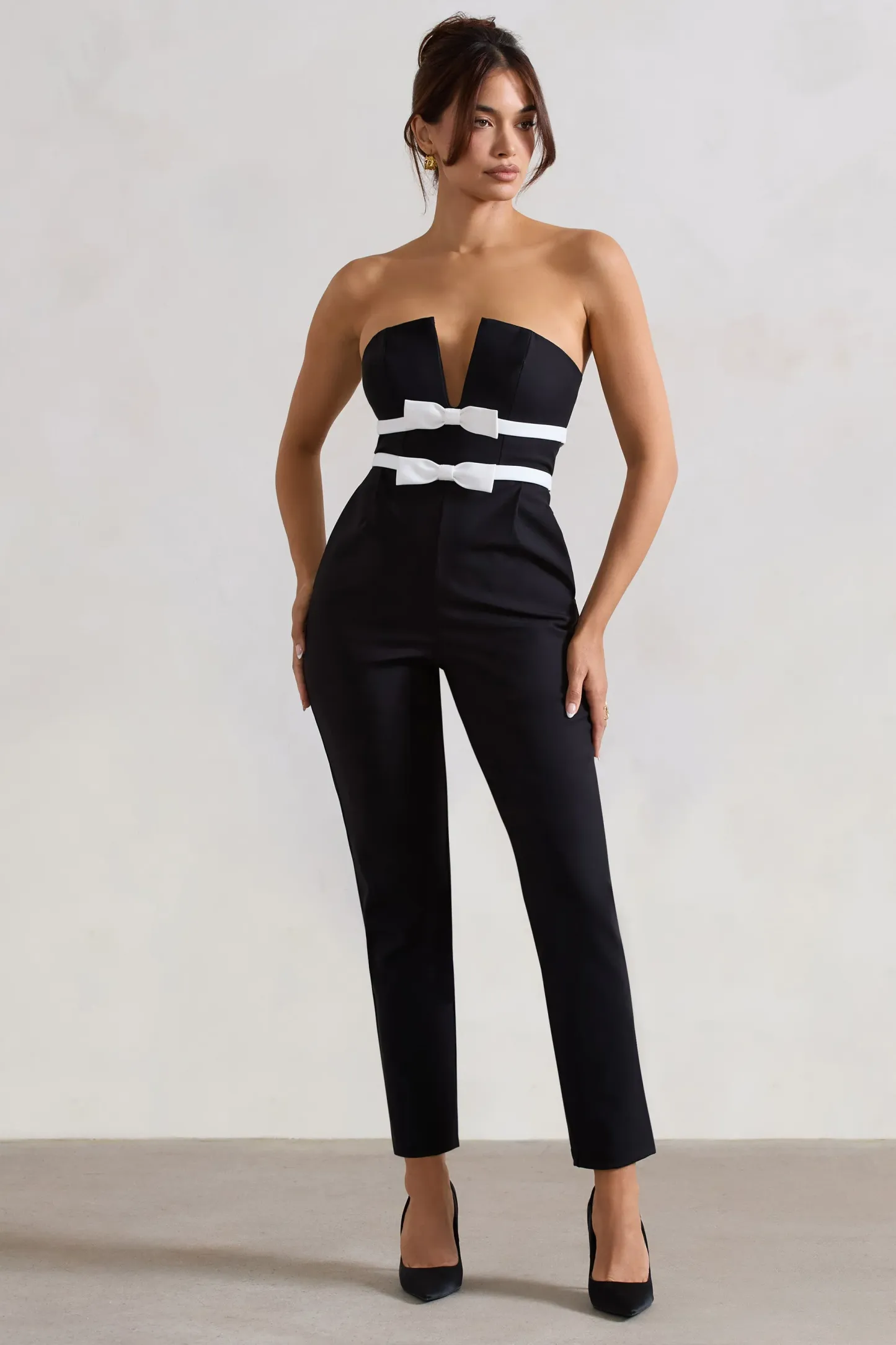 Black Strapless Tailored Straight-Leg Jumpsuit With Bows