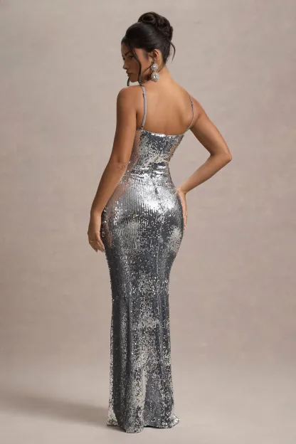 Silver Sequin Strappy Maxi Dress