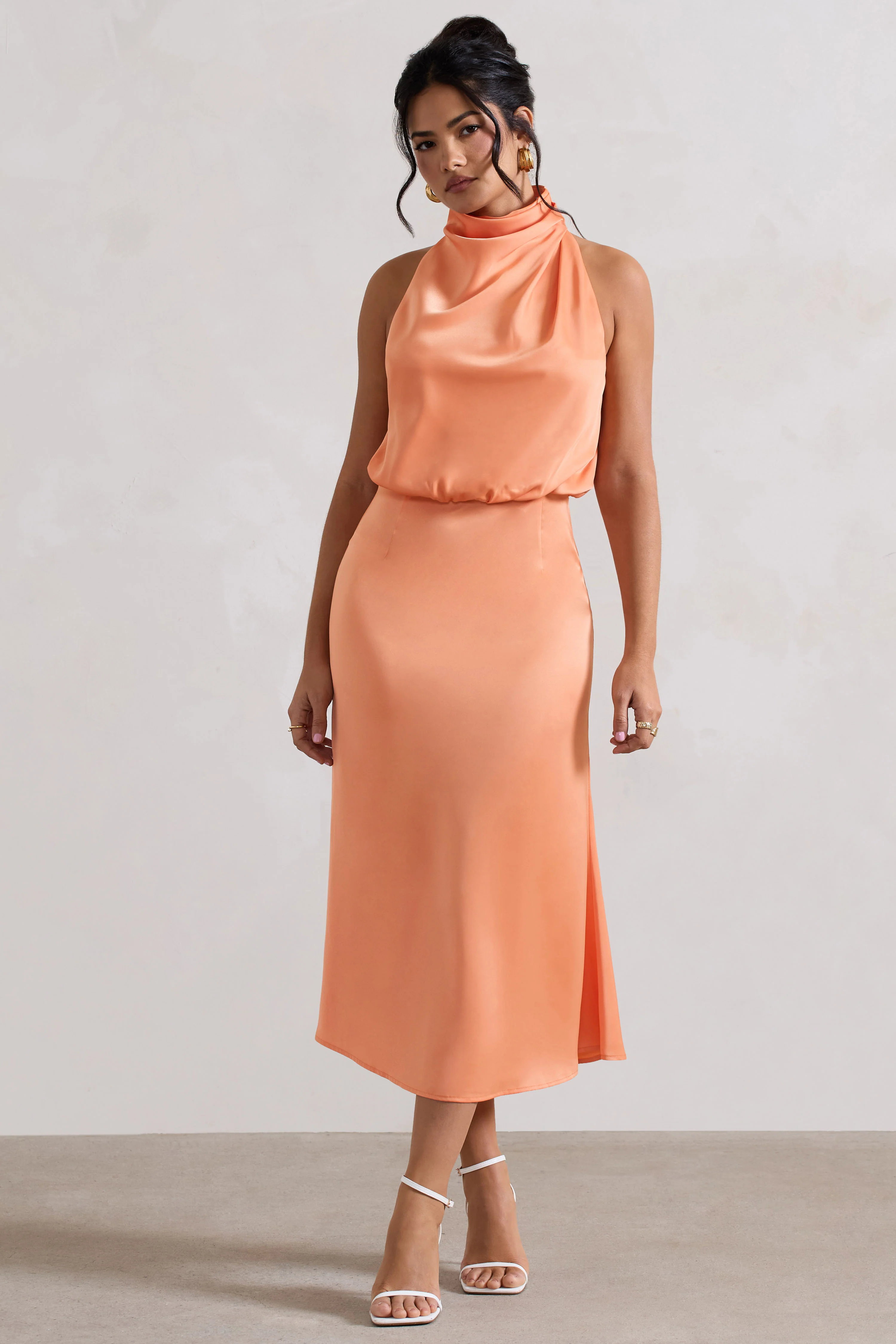 Peach Satin Twisted High-Neck Midi Dress