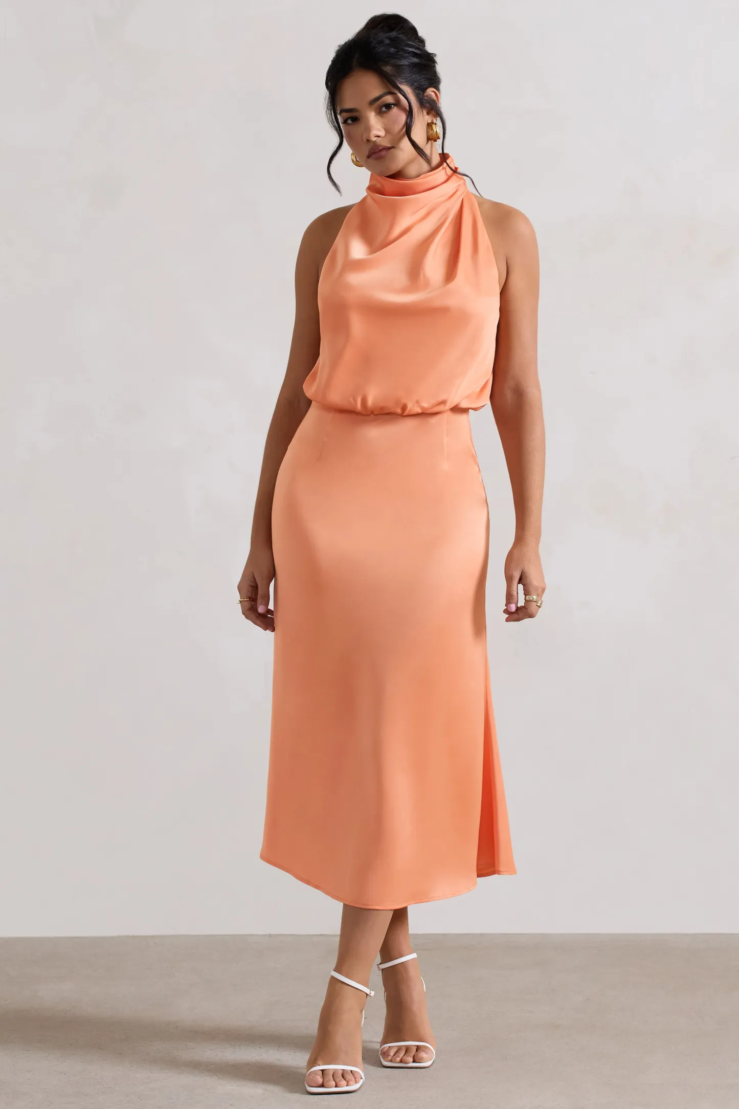 Peach Satin Twisted High-Neck Midi Dress