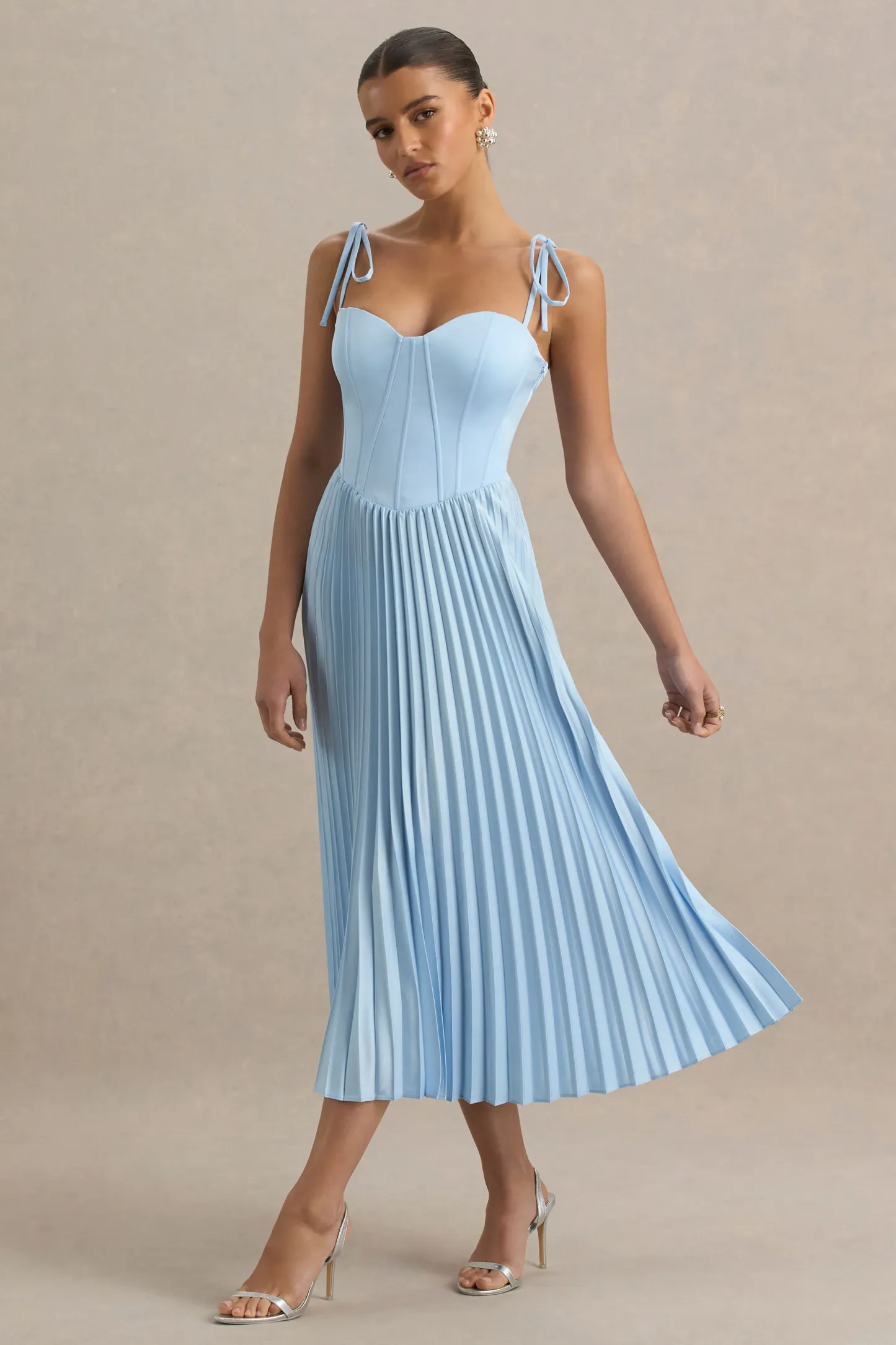 Powder Blue Satin Sweetheart-Neck Midi Dress With Pleated Details