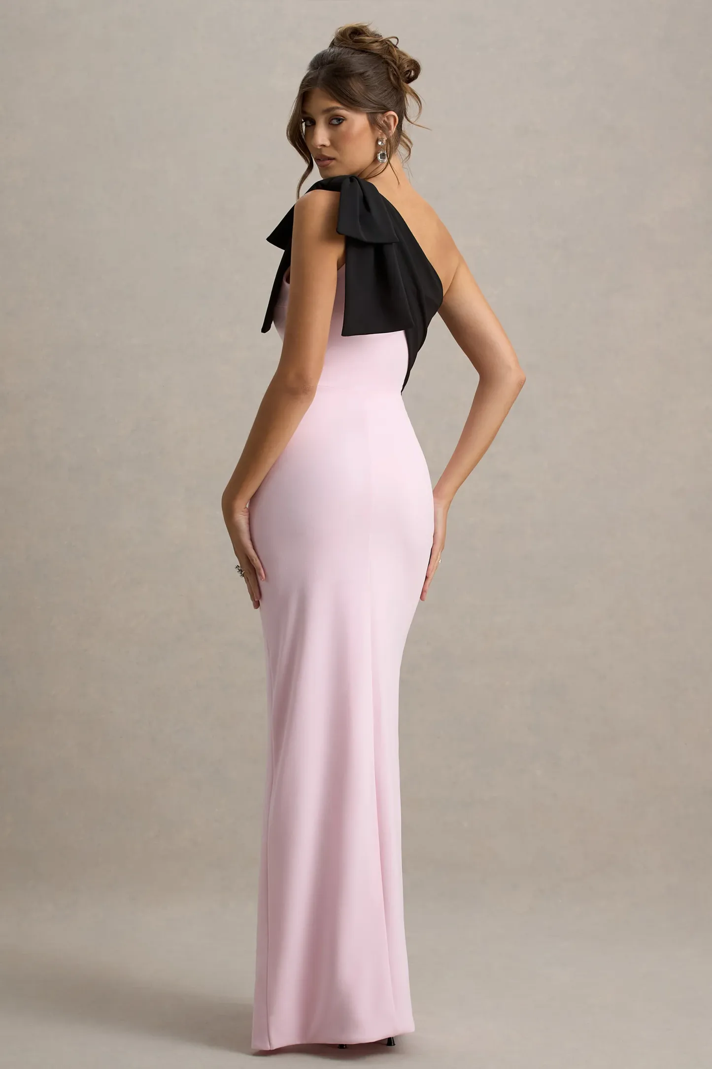 Pink & Black One-Shoulder Bow Maxi Dress