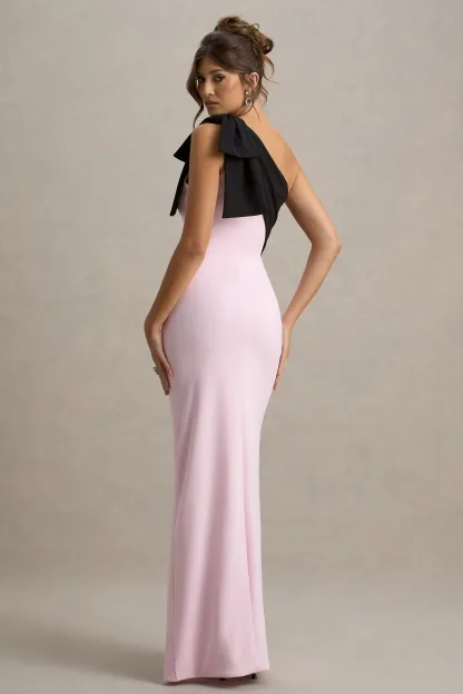 Pink & Black One-Shoulder Bow Maxi Dress