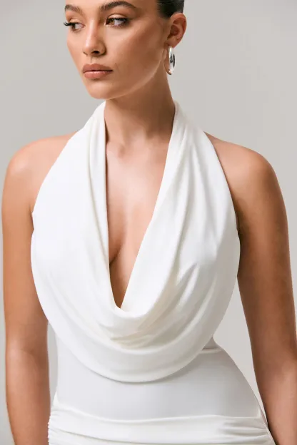 White Plunge-Neck Ruched Maxi Dress With Sash