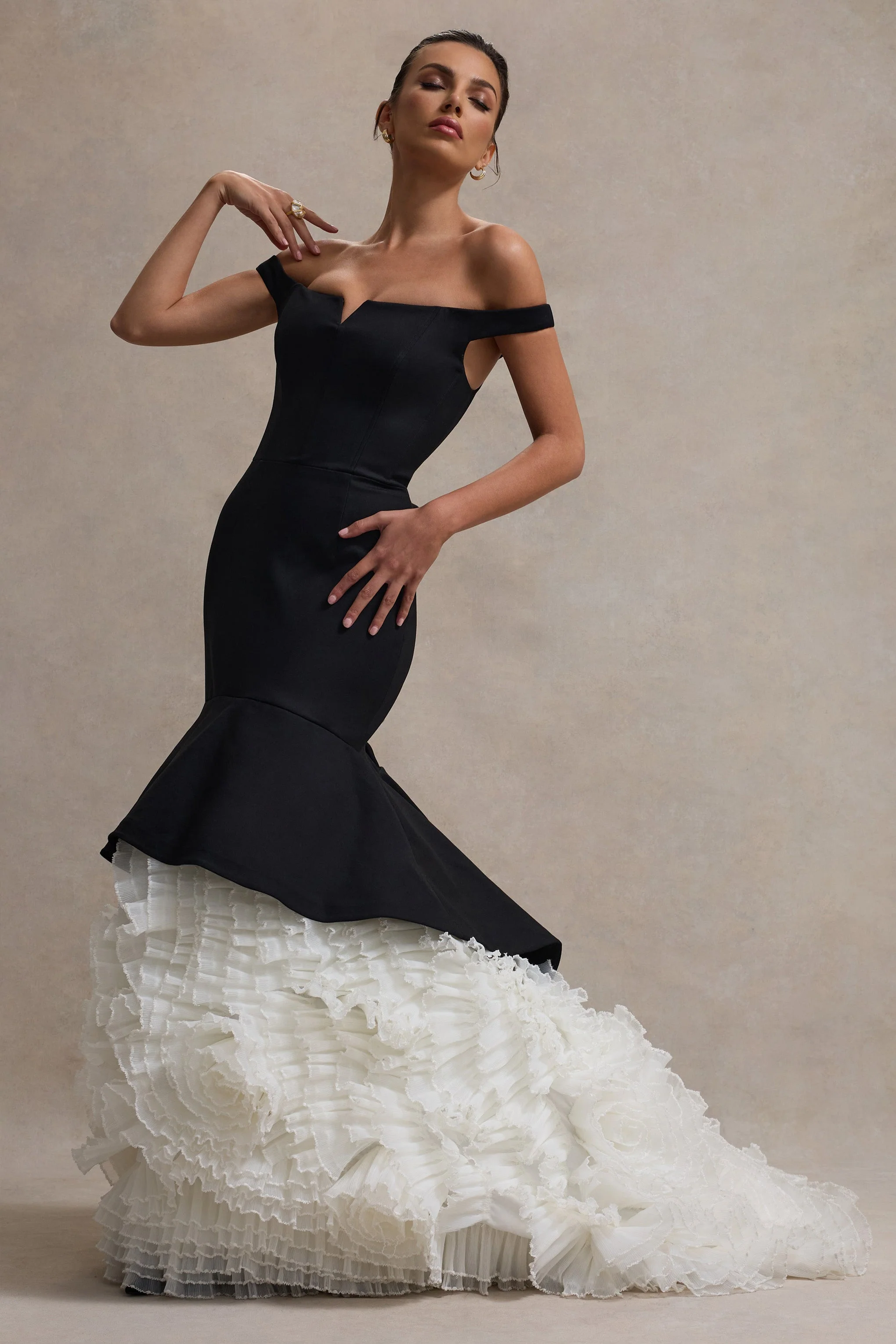 Black & Cream Bardot Maxi Dress With Tulle Skirt