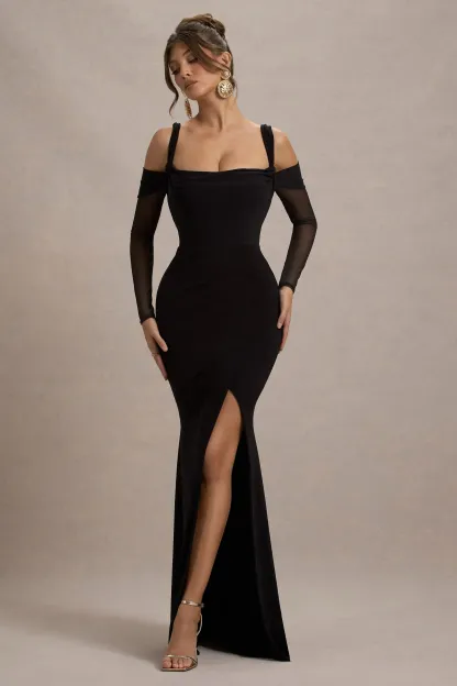 Black Square-Neck Draped Wrap Maxi Dress With Long Sleeves