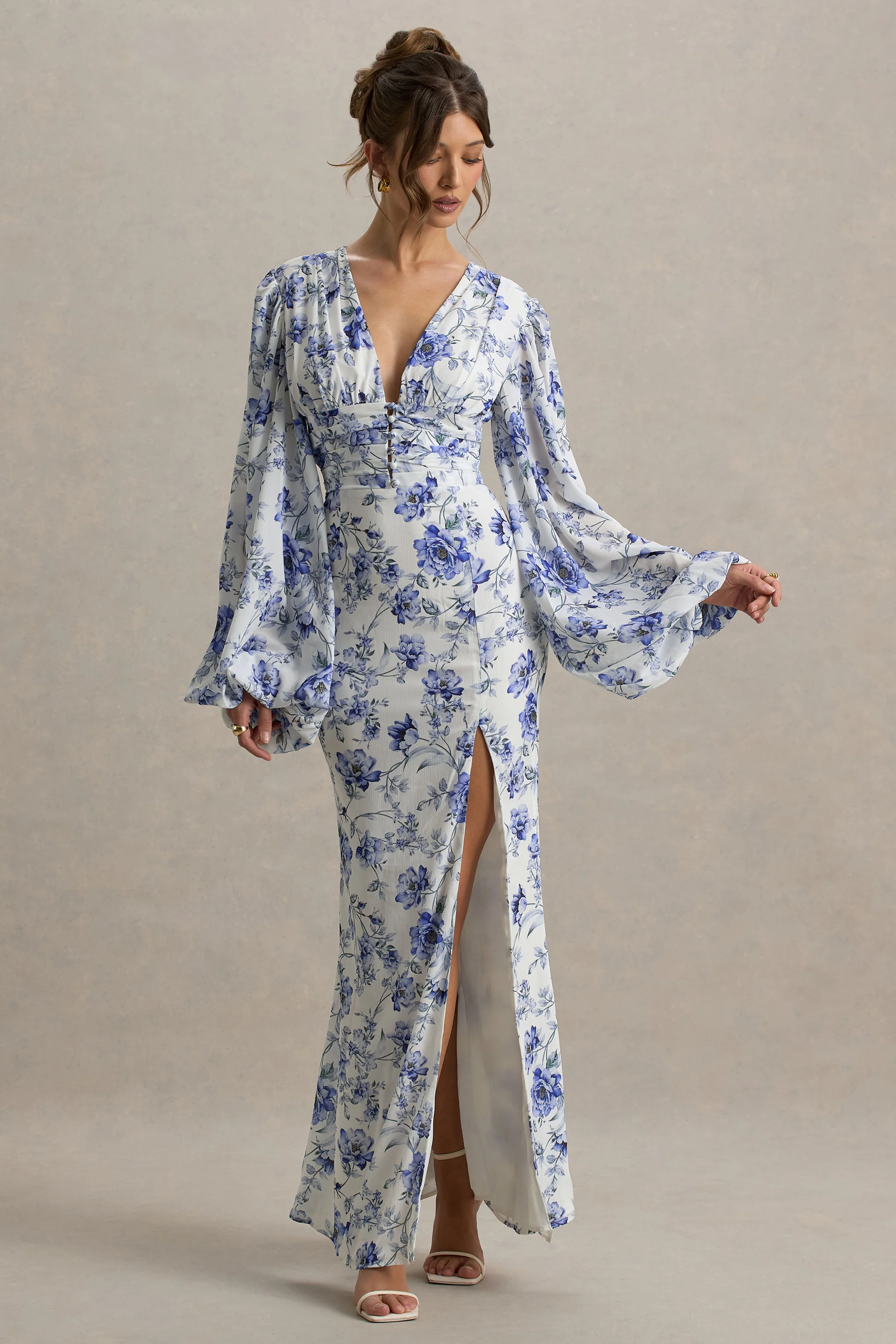 Blue Floral Print V-Neck Balloon Sleeve Maxi Dress
