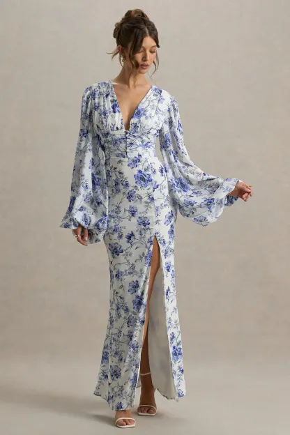 Blue Floral Print V-Neck Balloon Sleeve Maxi Dress