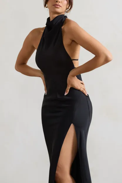 Black Cowl Halter-Neck Open Back Maxi Dress