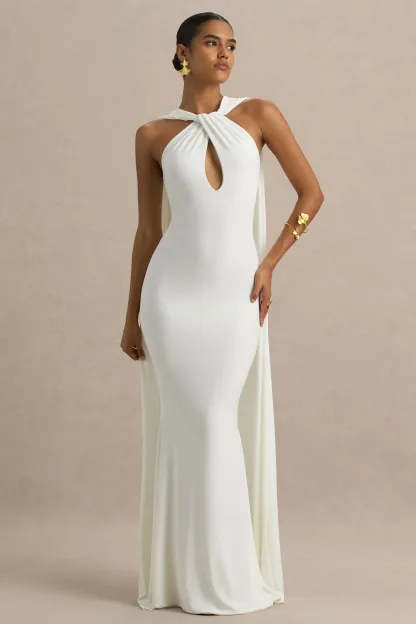 White Twist Halter-Neck Cape Maxi Dress