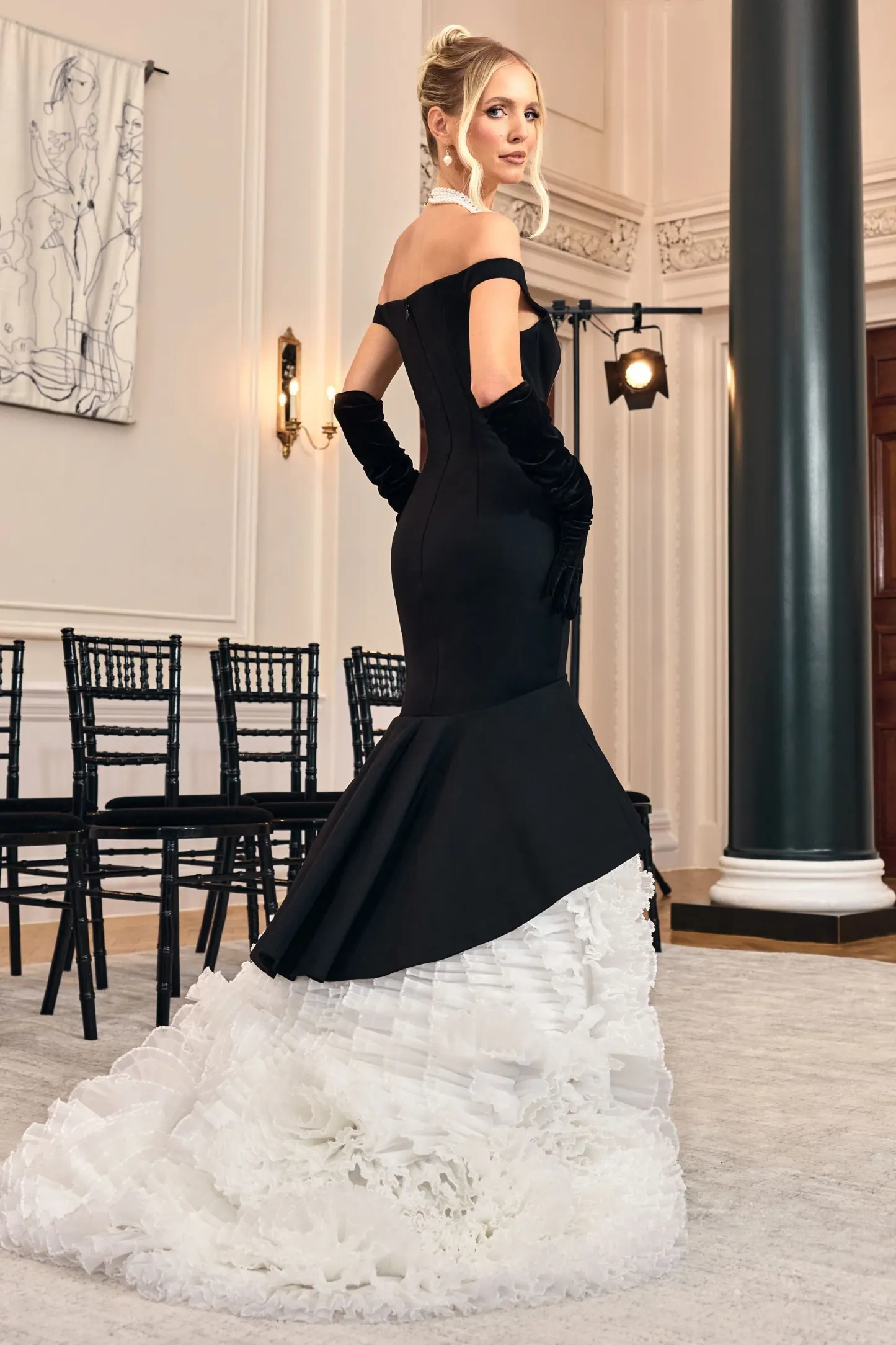 Black & Cream Bardot Maxi Dress With Tulle Skirt