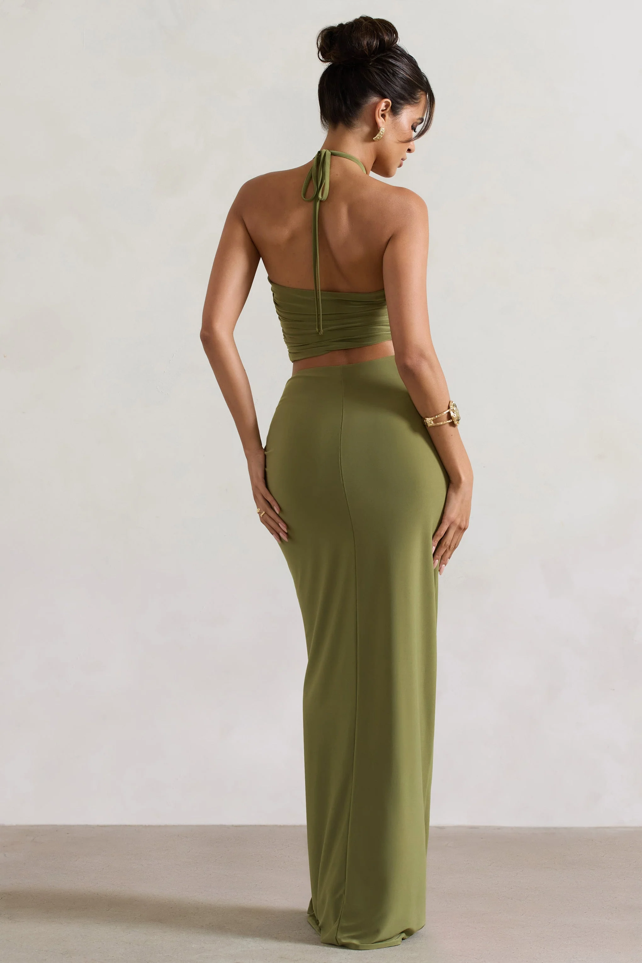 Olive Ruched Split Maxi Skirt