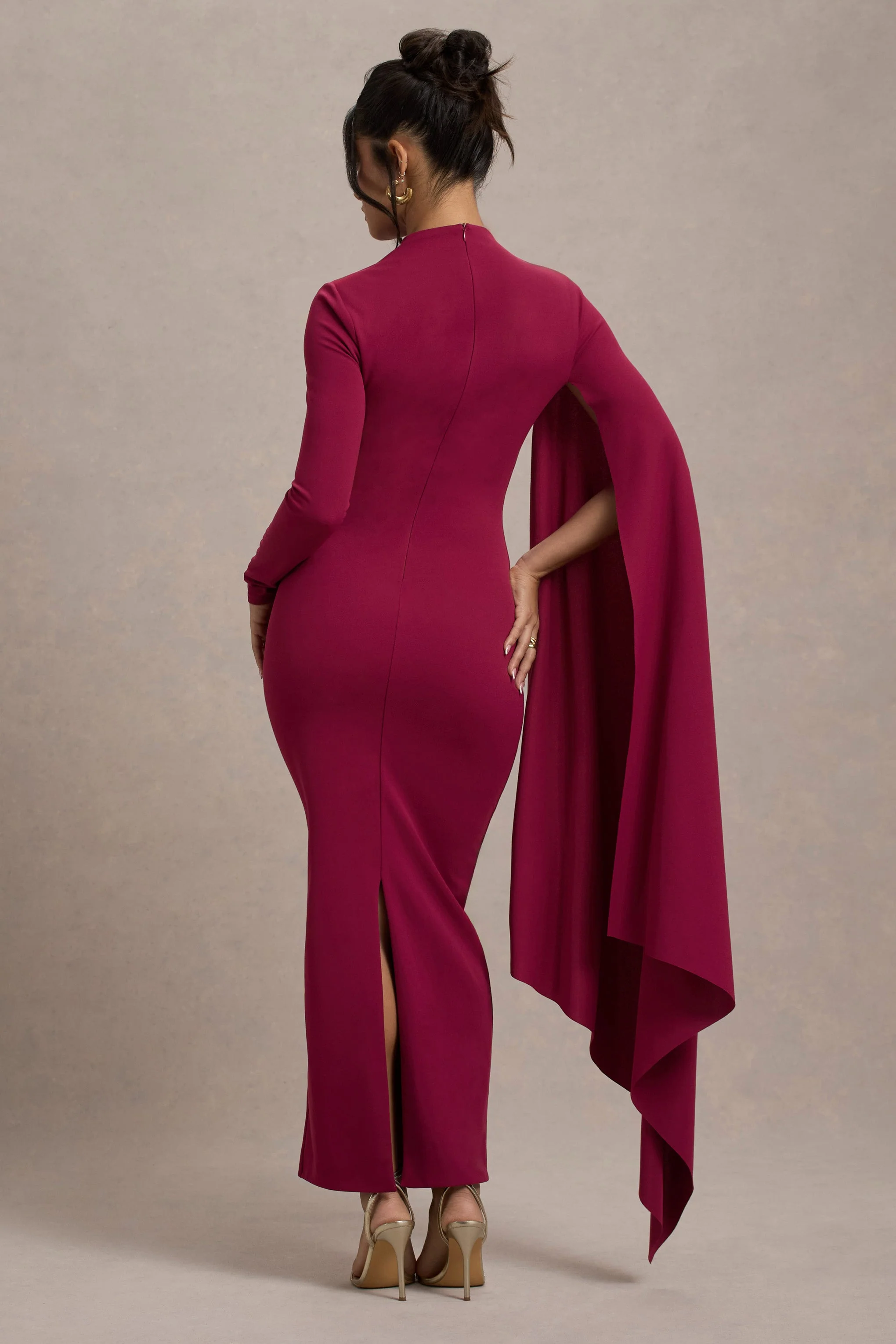 Mulberry High-Neck Long-Sleeve Maxi Dress With Cape Sleeve