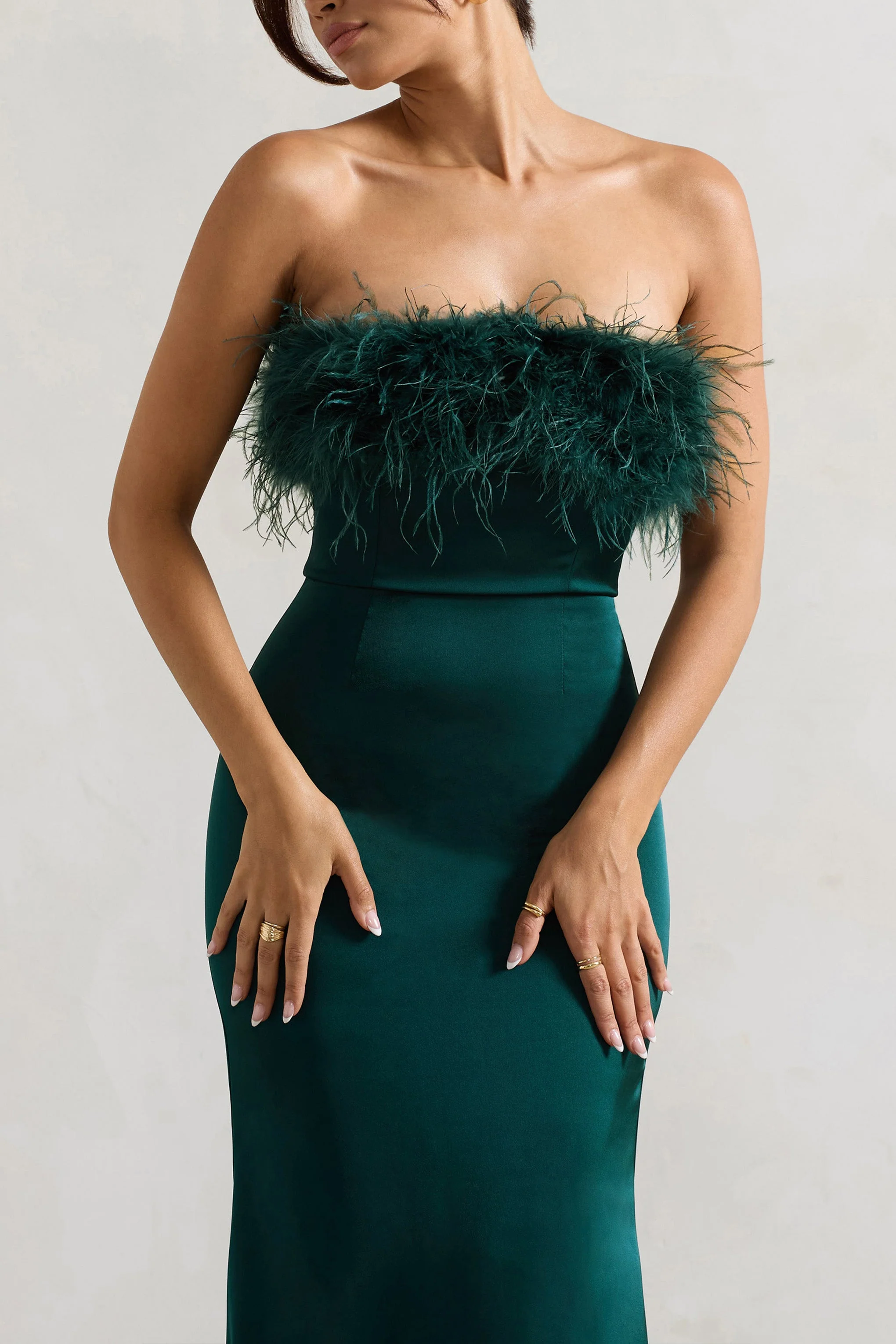 Bottle Green Satin Feather Trim Bandeau Maxi Dress