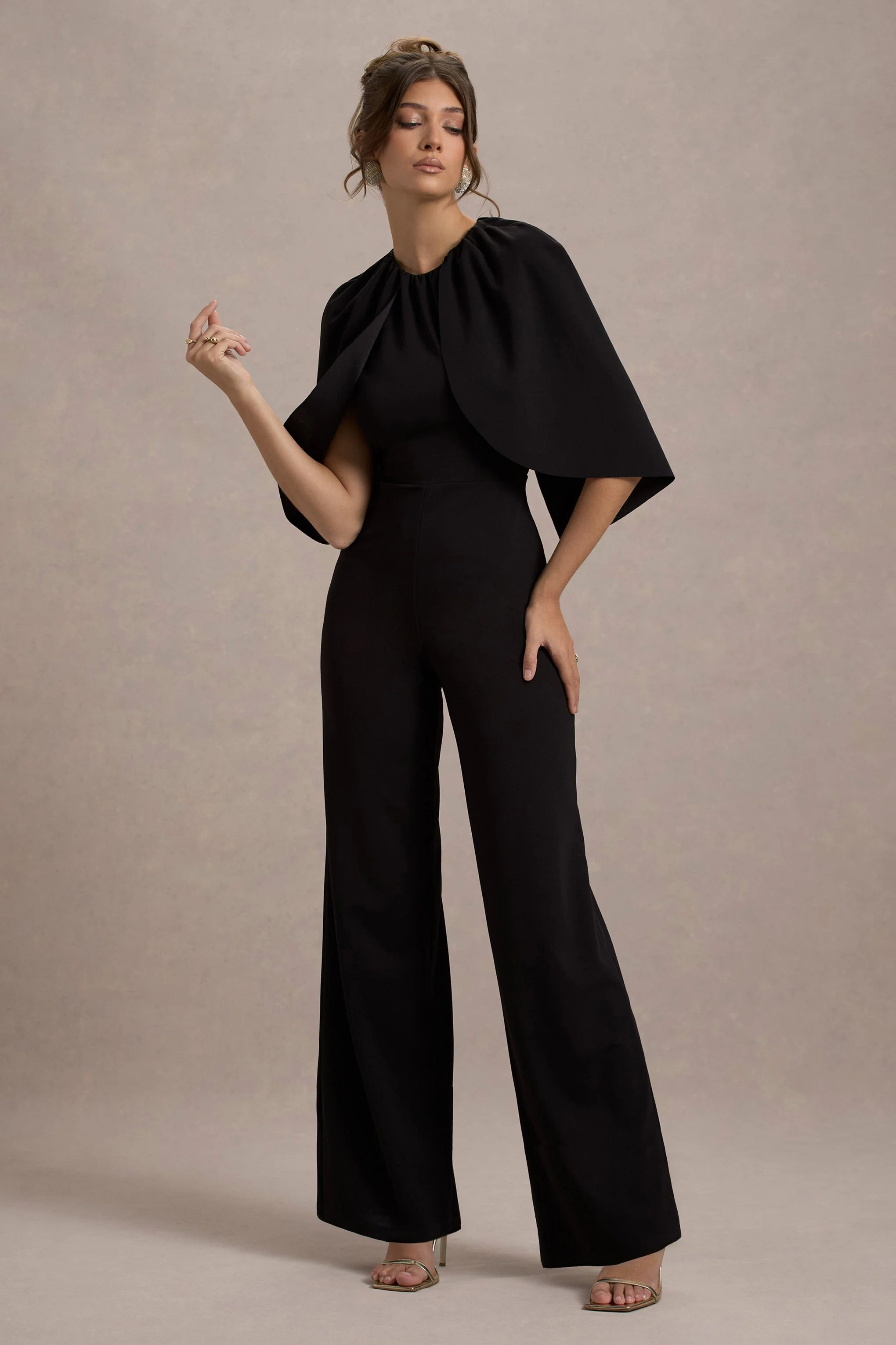 Black Cape-Sleeve Straight-Leg Jumpsuit