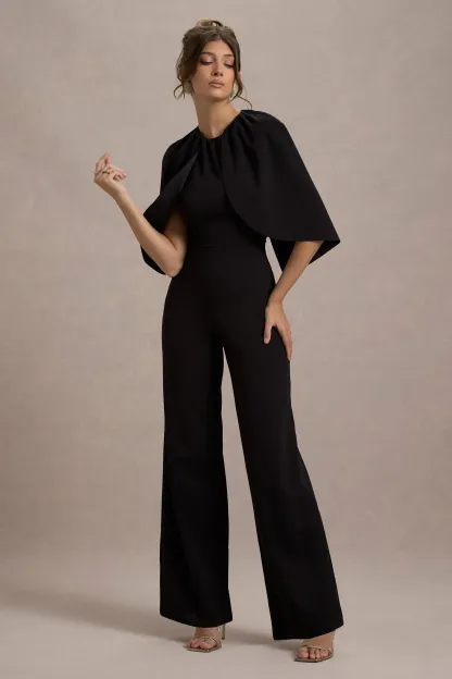 Black Cape-Sleeve Straight-Leg Jumpsuit