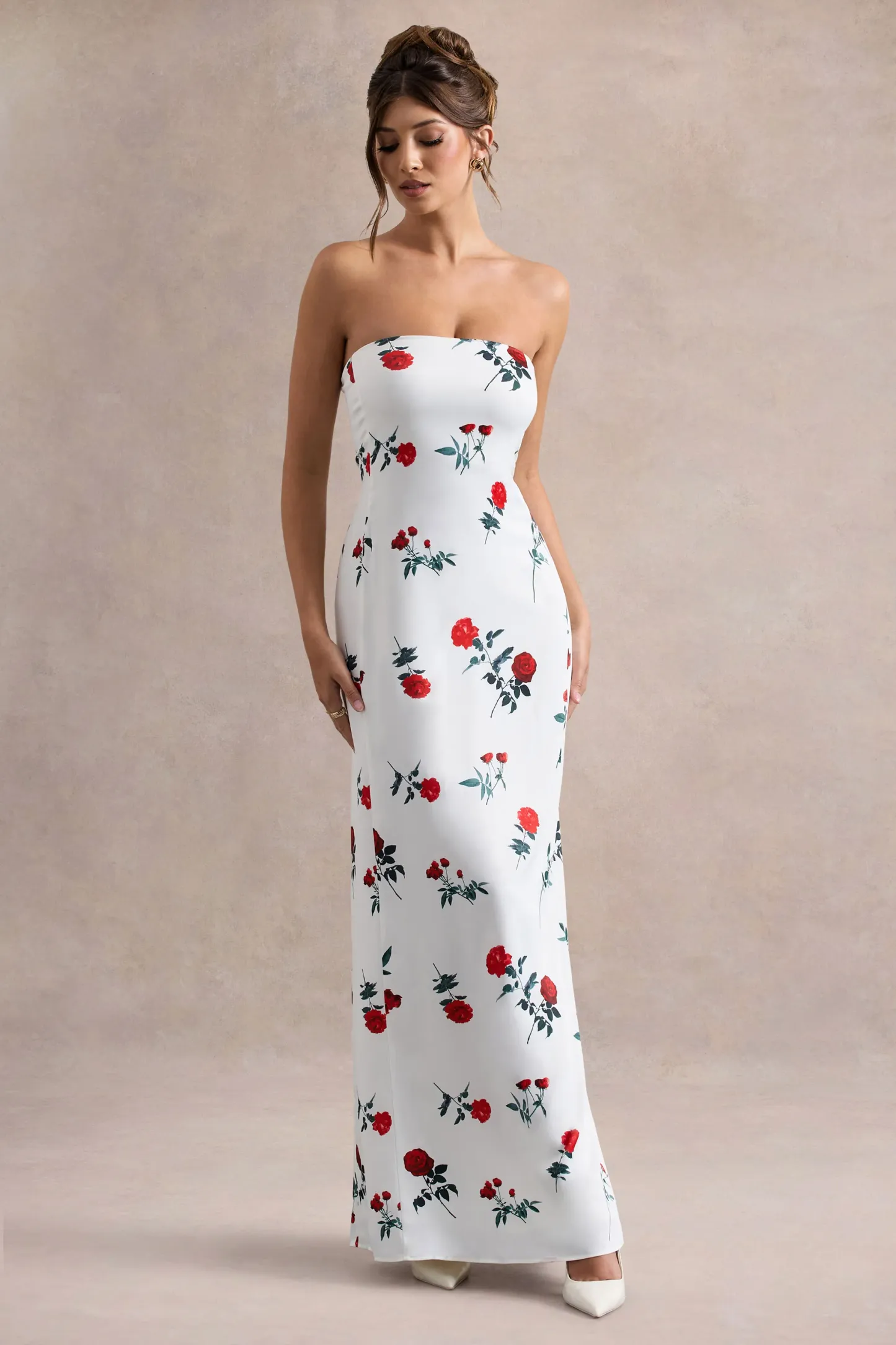 Rose Print Satin Bandeau Maxi Dress