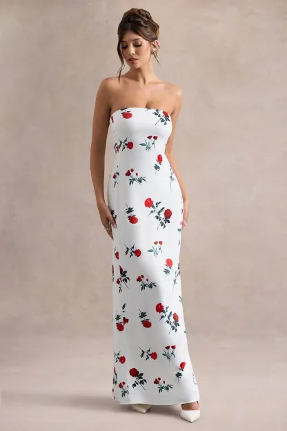 Rose Print Satin Bandeau Maxi Dress