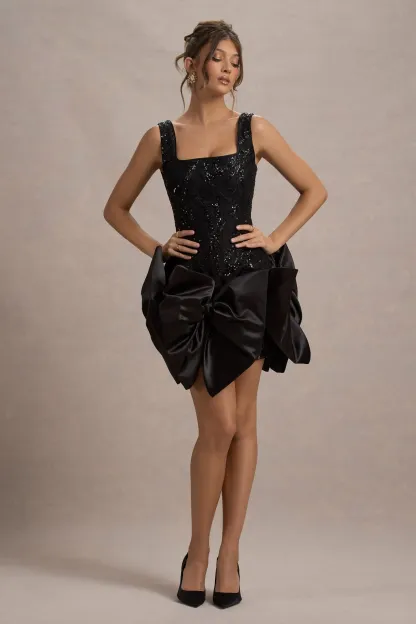 Black Lace Square-Neck Mini Dress With Bows