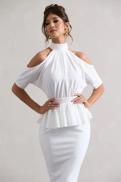White High-Neck Cut-Out Midi Dress With Peplum Waist
