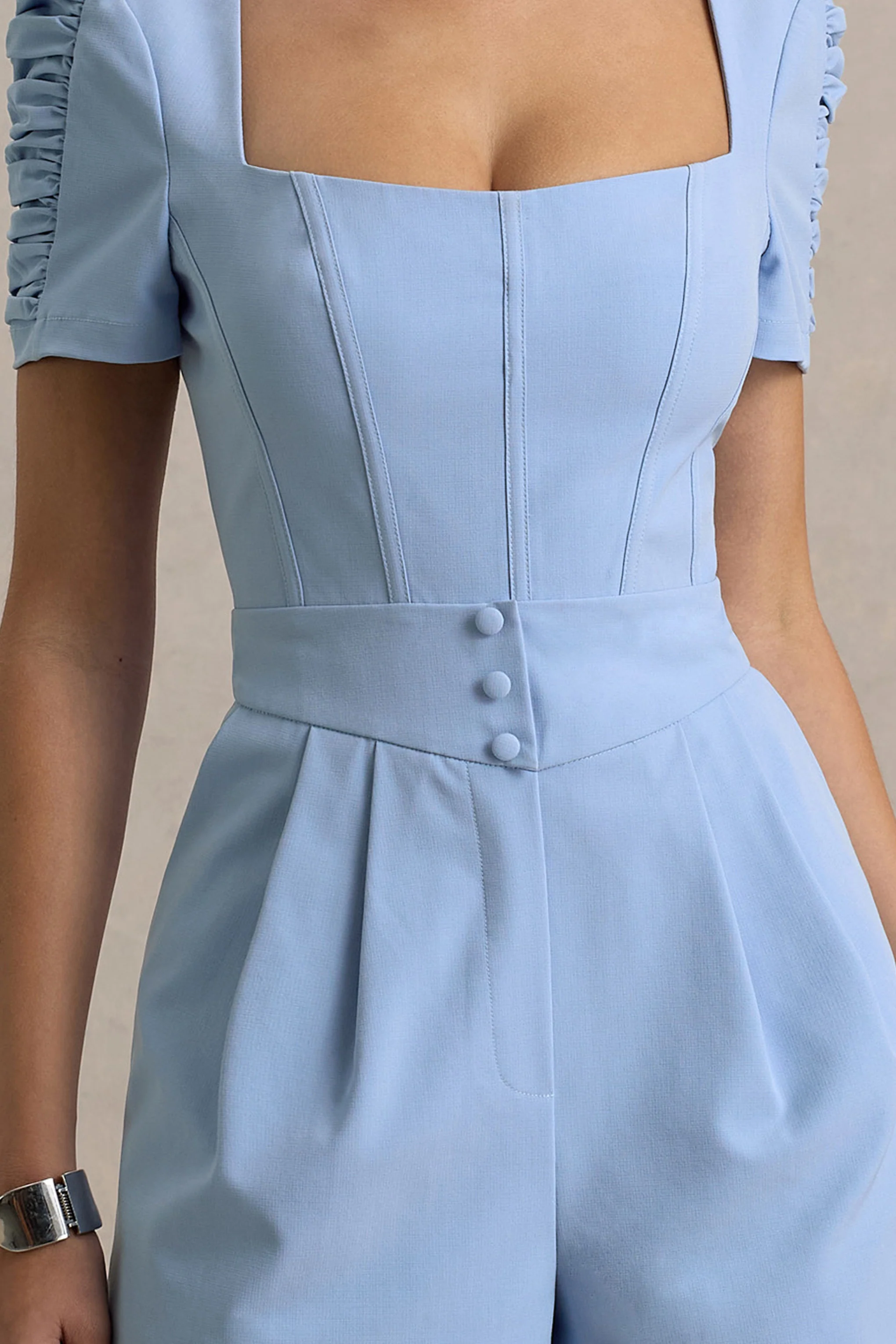 Light Blue Linen Short-Sleeve Playsuit