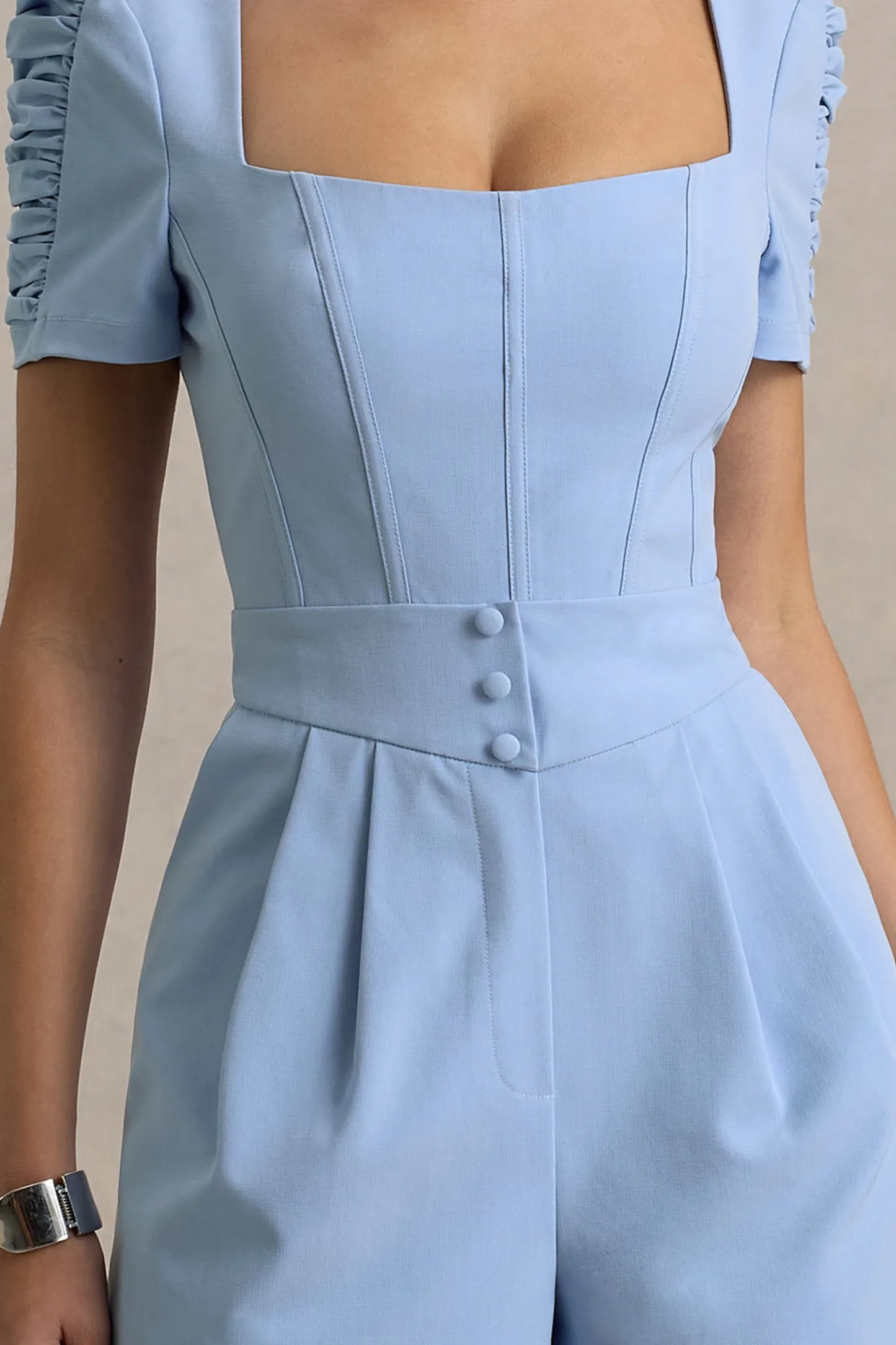 Light Blue Linen Short-Sleeve Playsuit