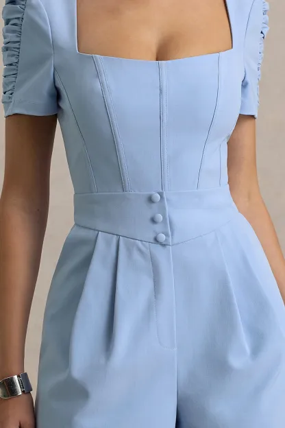 Light Blue Linen Short-Sleeve Playsuit