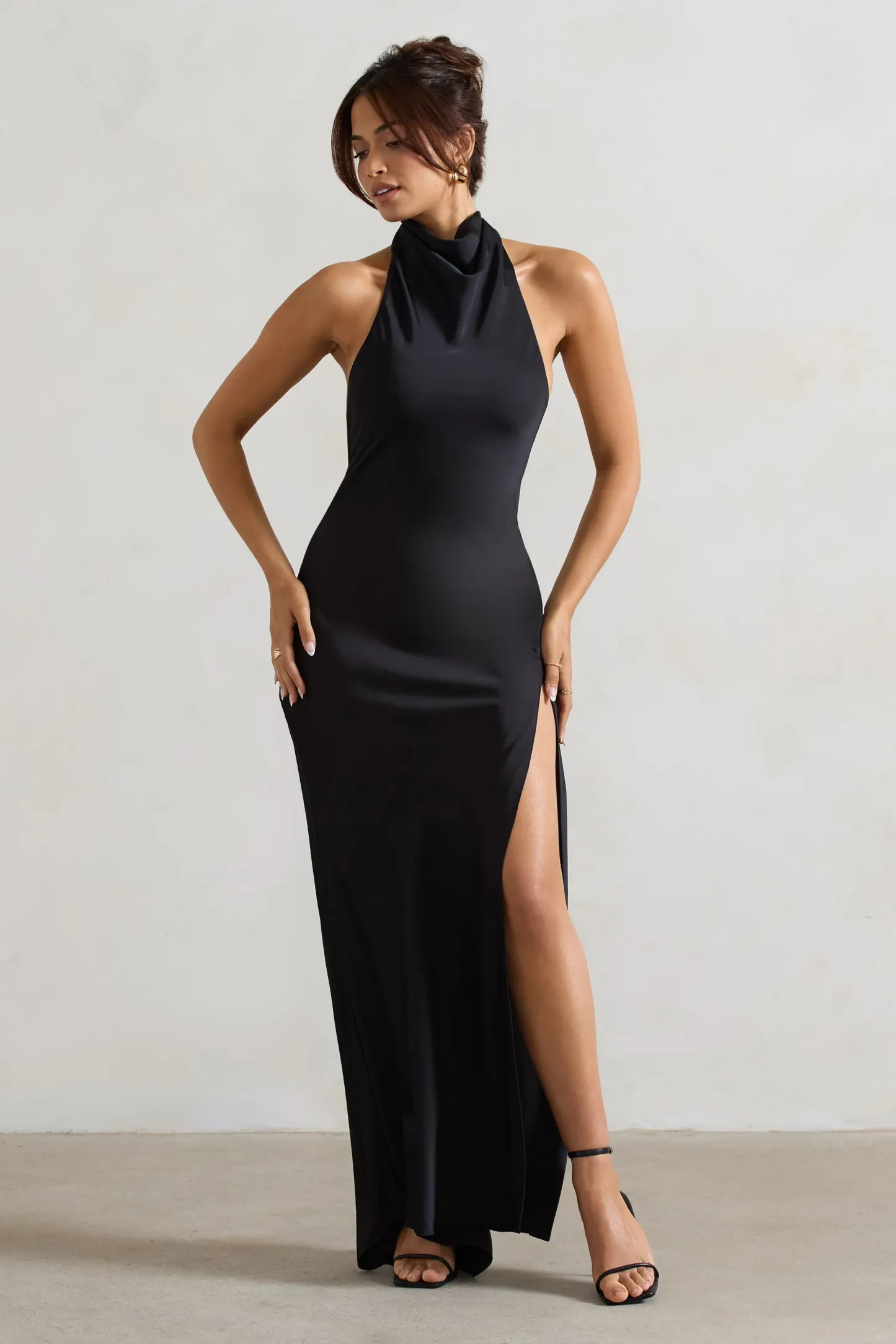Black Cowl Halter-Neck Open Back Maxi Dress