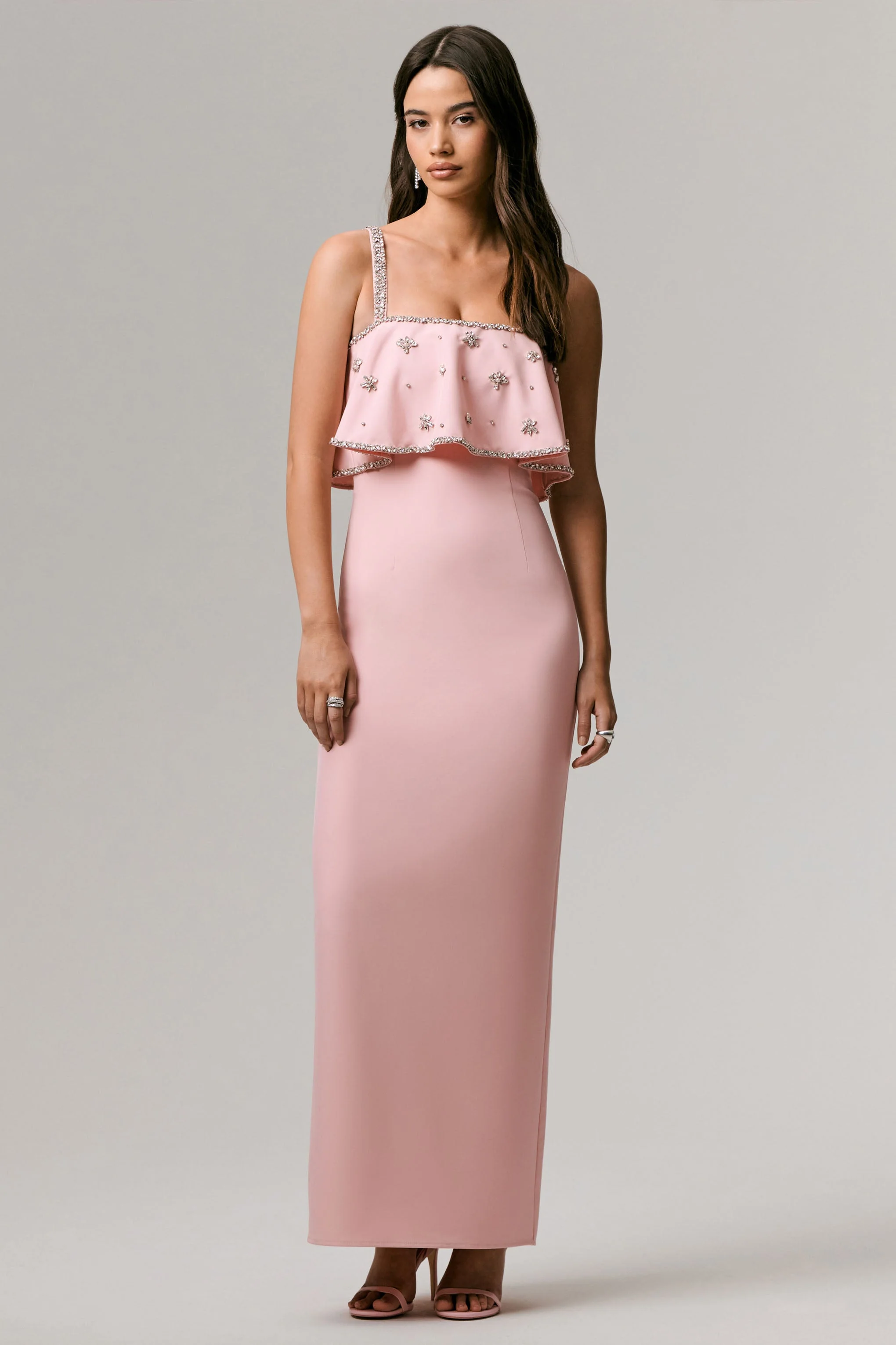 Pale Pink Square-Neck Embellished Maxi Dress