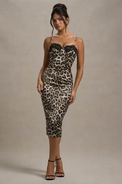 Leopard Print Satin Sweetheart Lace Trim Midi Dress