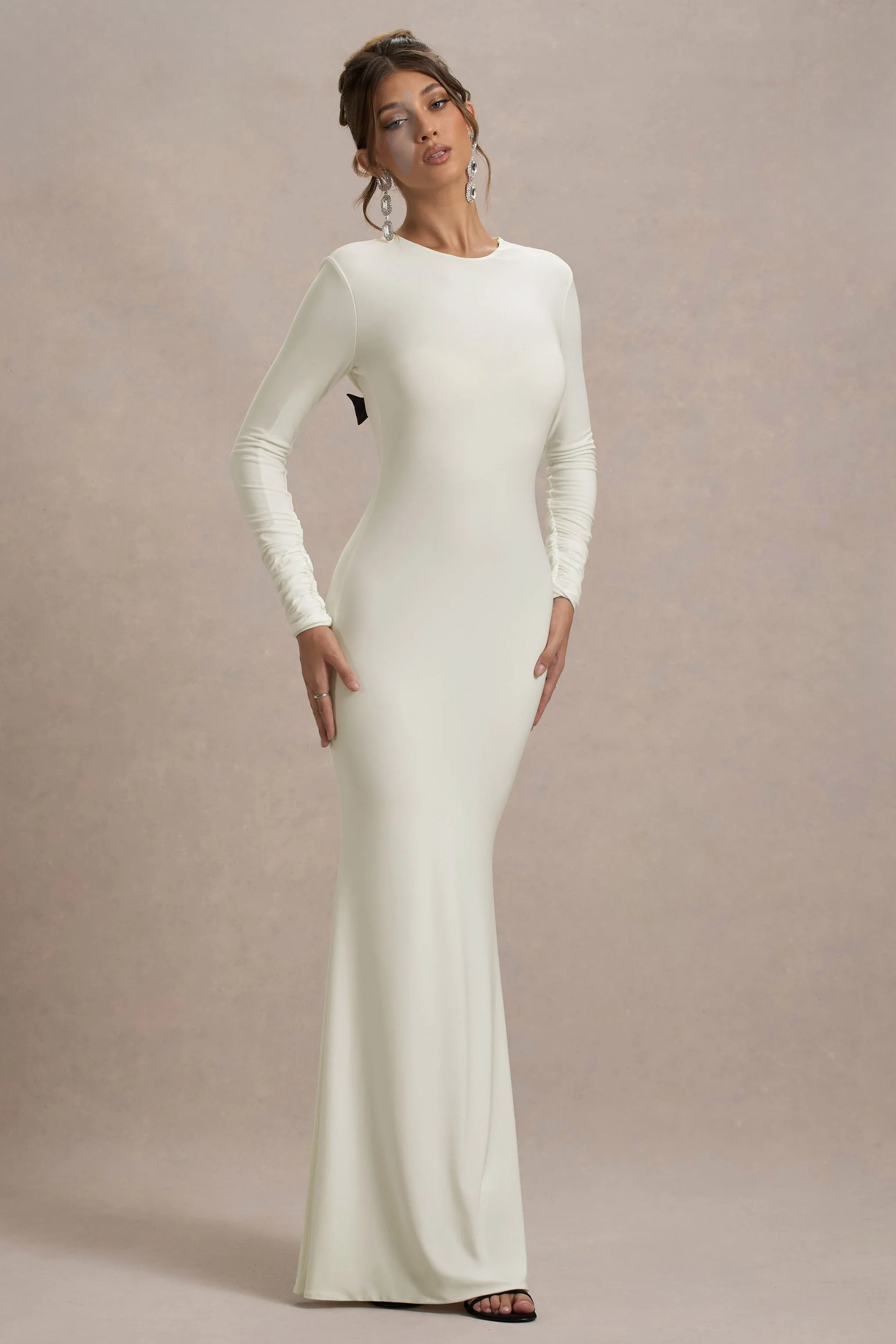 Cream Long-Sleeve Cowl-Back Maxi Dress With Bows