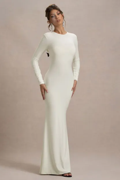 Cream Long-Sleeve Cowl-Back Maxi Dress With Bows