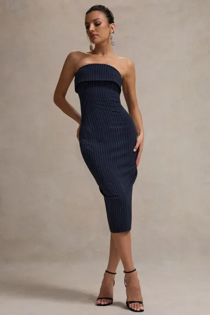 Navy Pinstripe Strapless Midi Dress