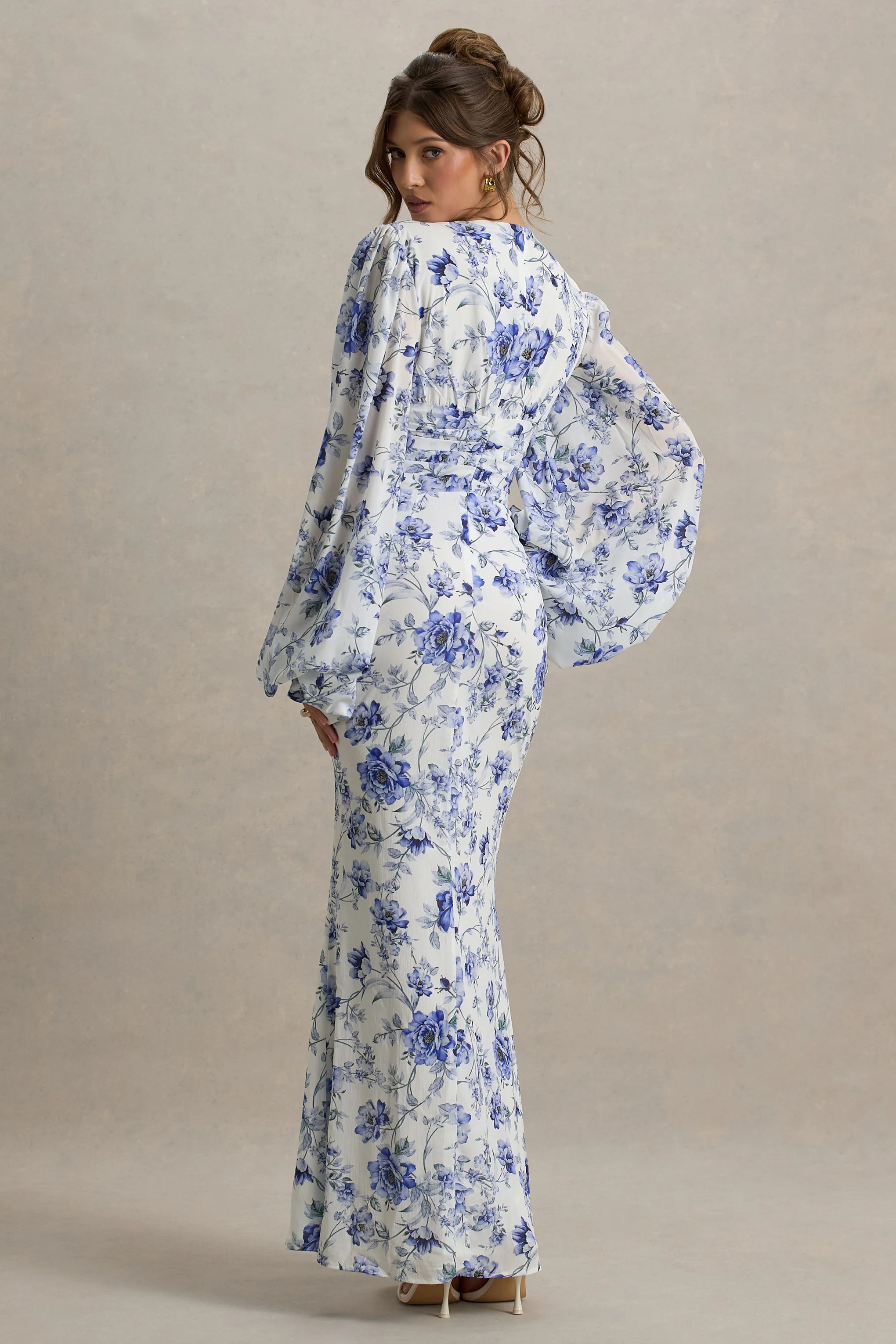 Blue Floral Print V-Neck Balloon Sleeve Maxi Dress
