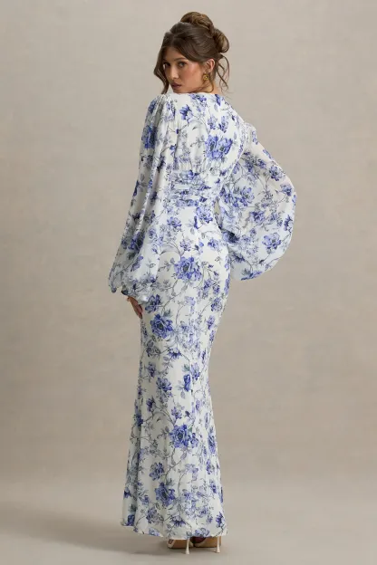 Blue Floral Print V-Neck Balloon Sleeve Maxi Dress