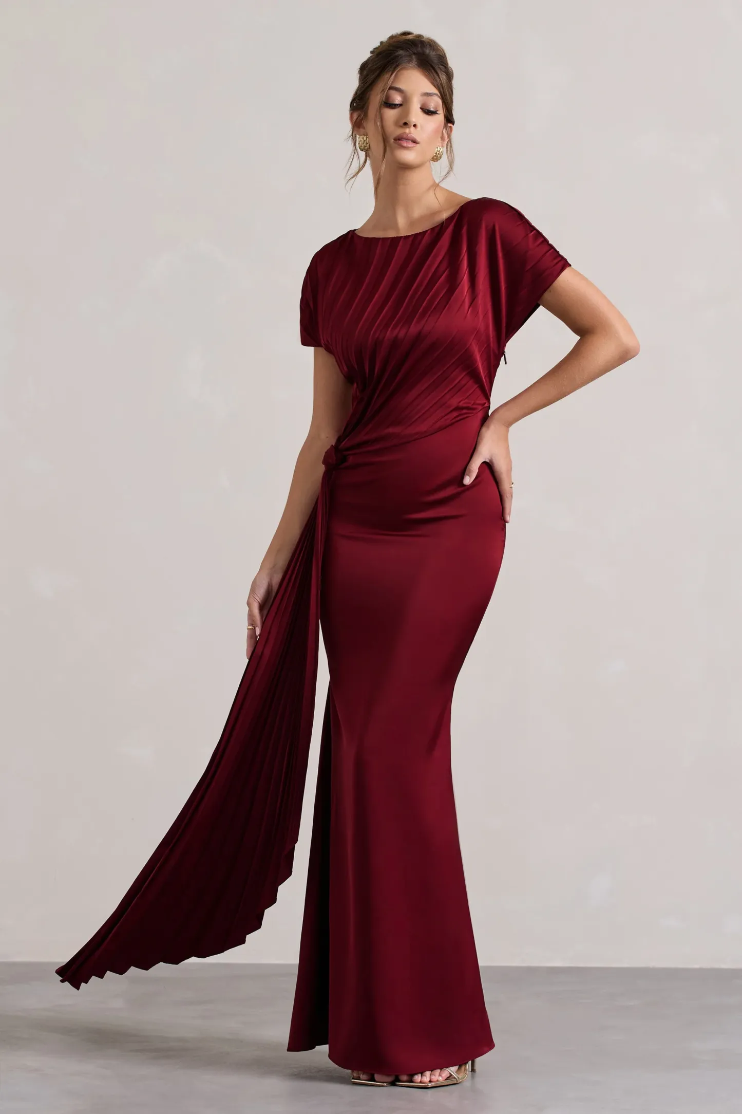 Berry Satin Pleated Maxi Dress With Drape