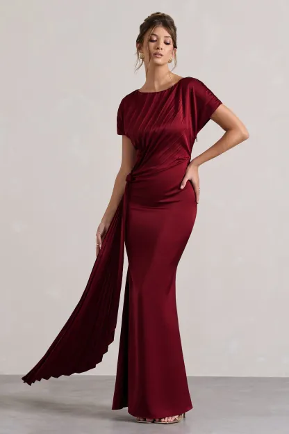 Berry Satin Pleated Maxi Dress With Drape