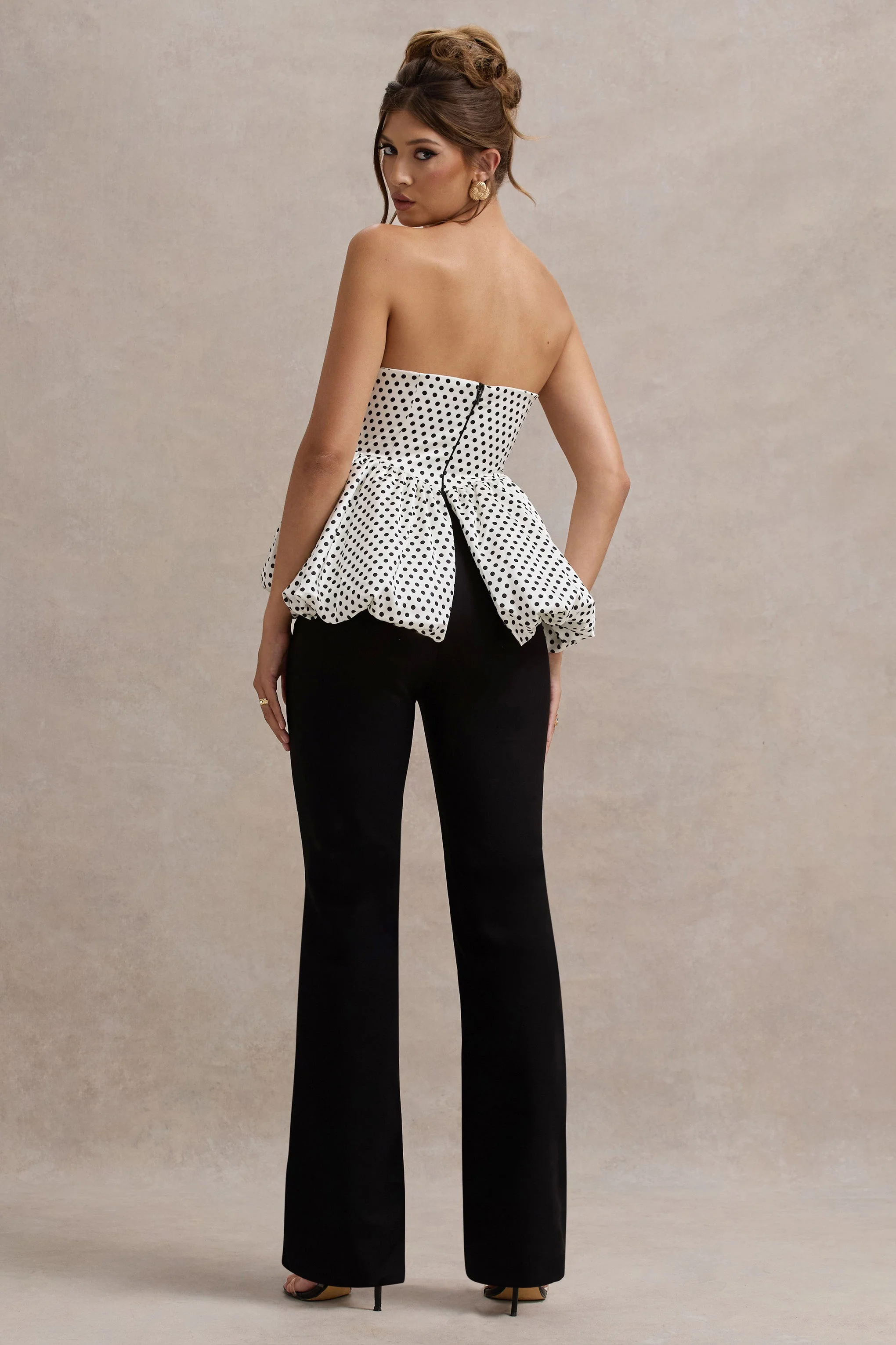 White & Black Polka Dot Strapless Ruffled Jumpsuit