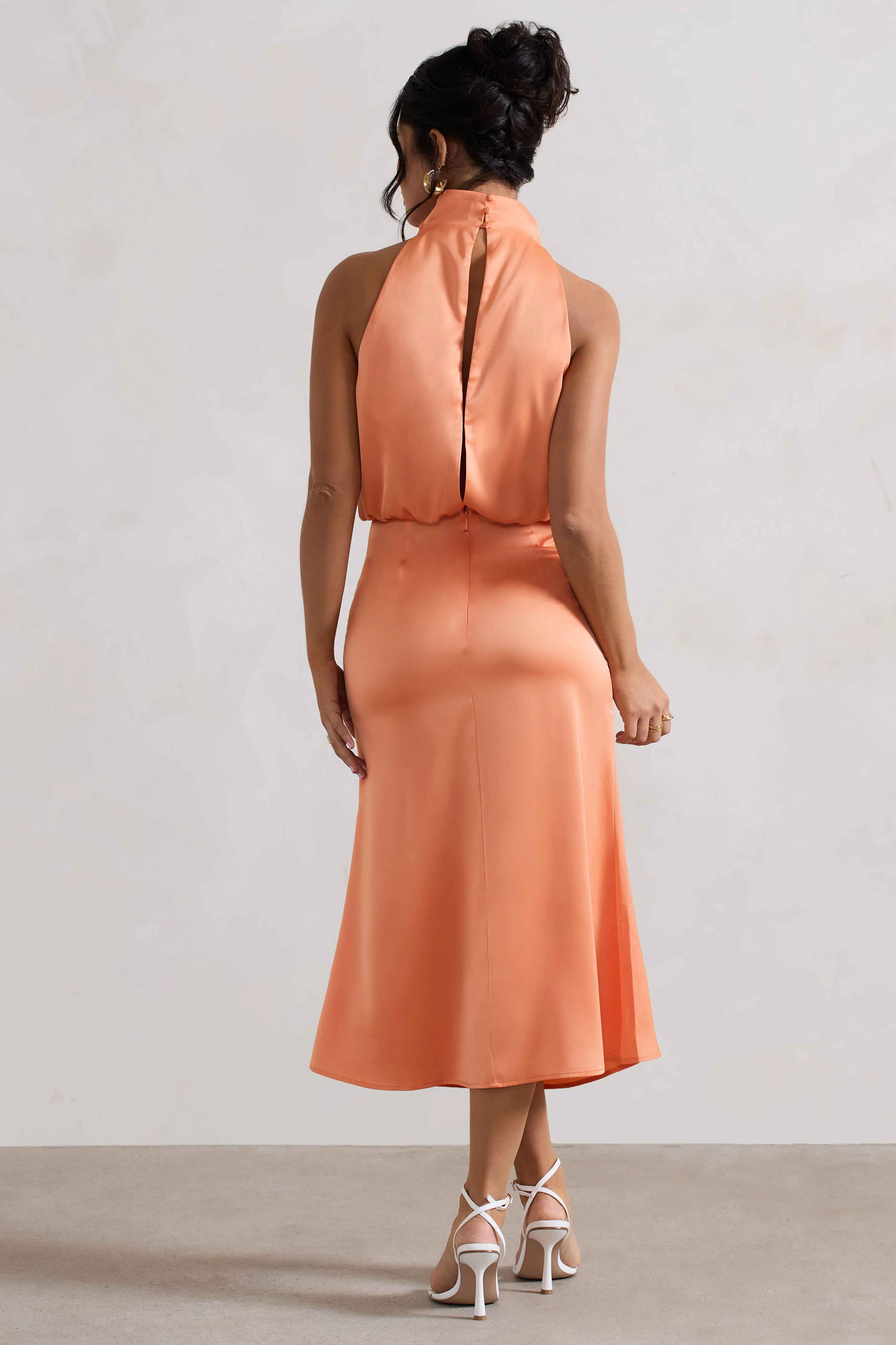 Peach Satin Twisted High-Neck Midi Dress