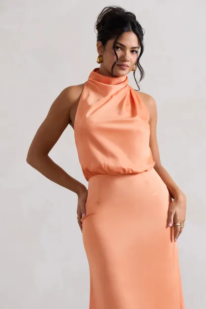 Peach Satin Twisted High-Neck Midi Dress