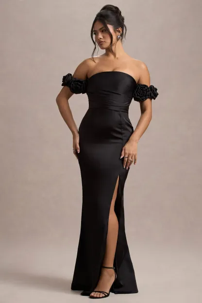 Black Satin Floral Bardot Maxi Dress