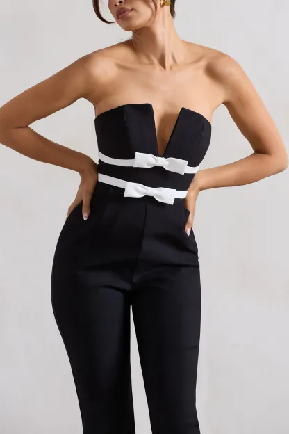 Black Strapless Tailored Straight-Leg Jumpsuit With Bows