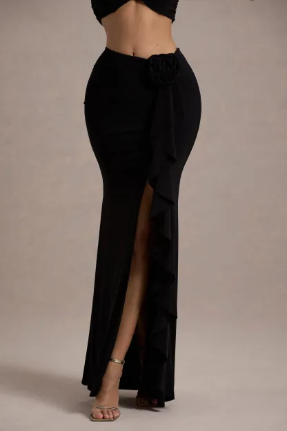Black Ruched Split Maxi Skirt