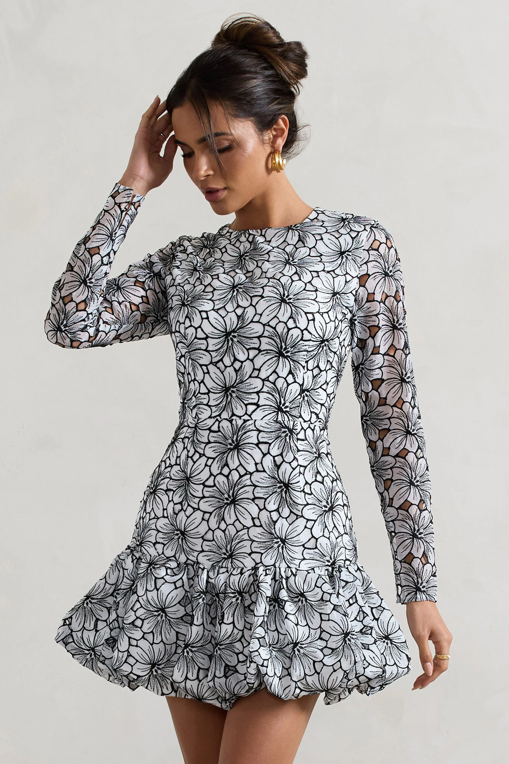 Black & White Lace Long-Sleeve Mini Dress With Ruffle Hem