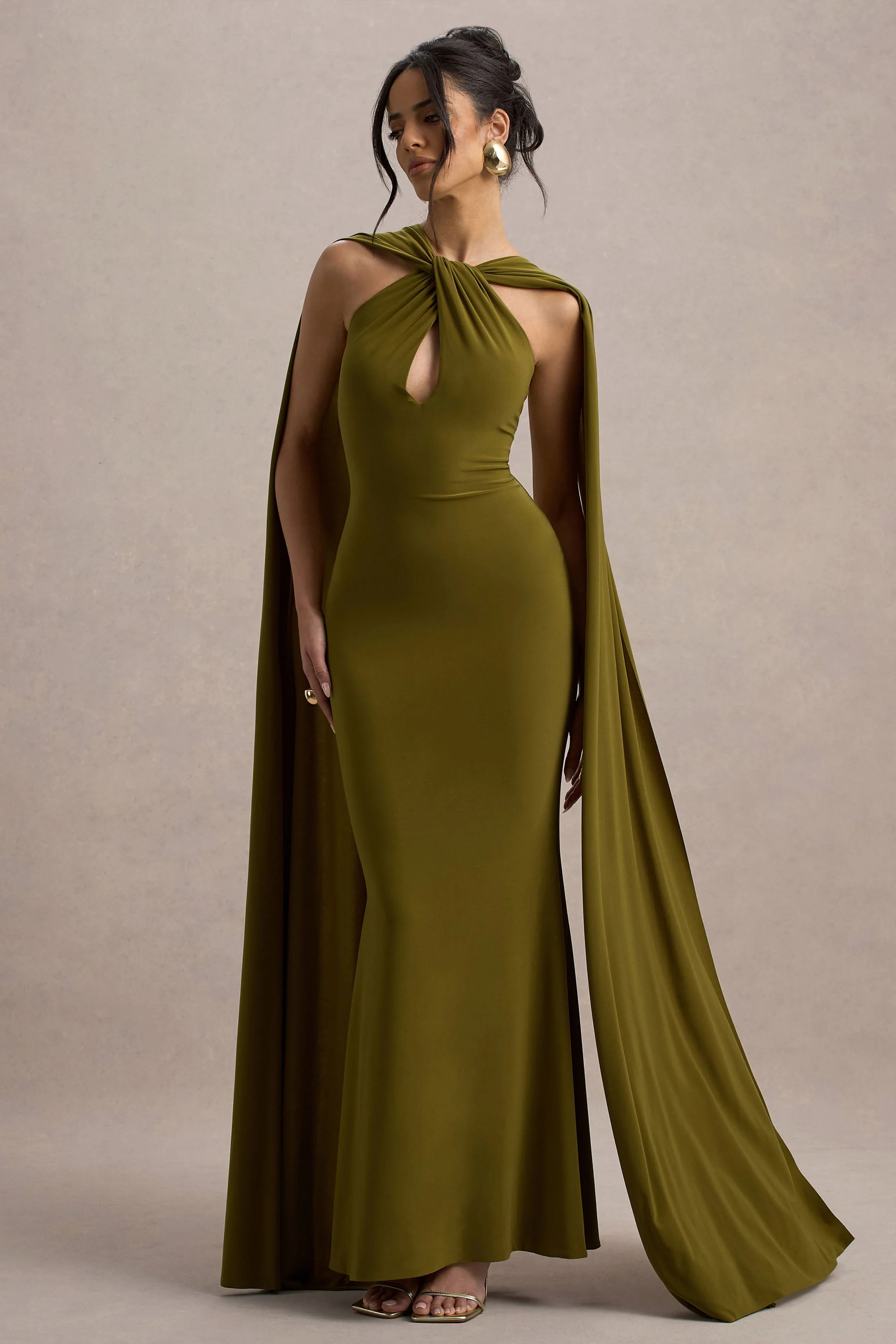 Green Twist Halter-Neck Cape Maxi Dress