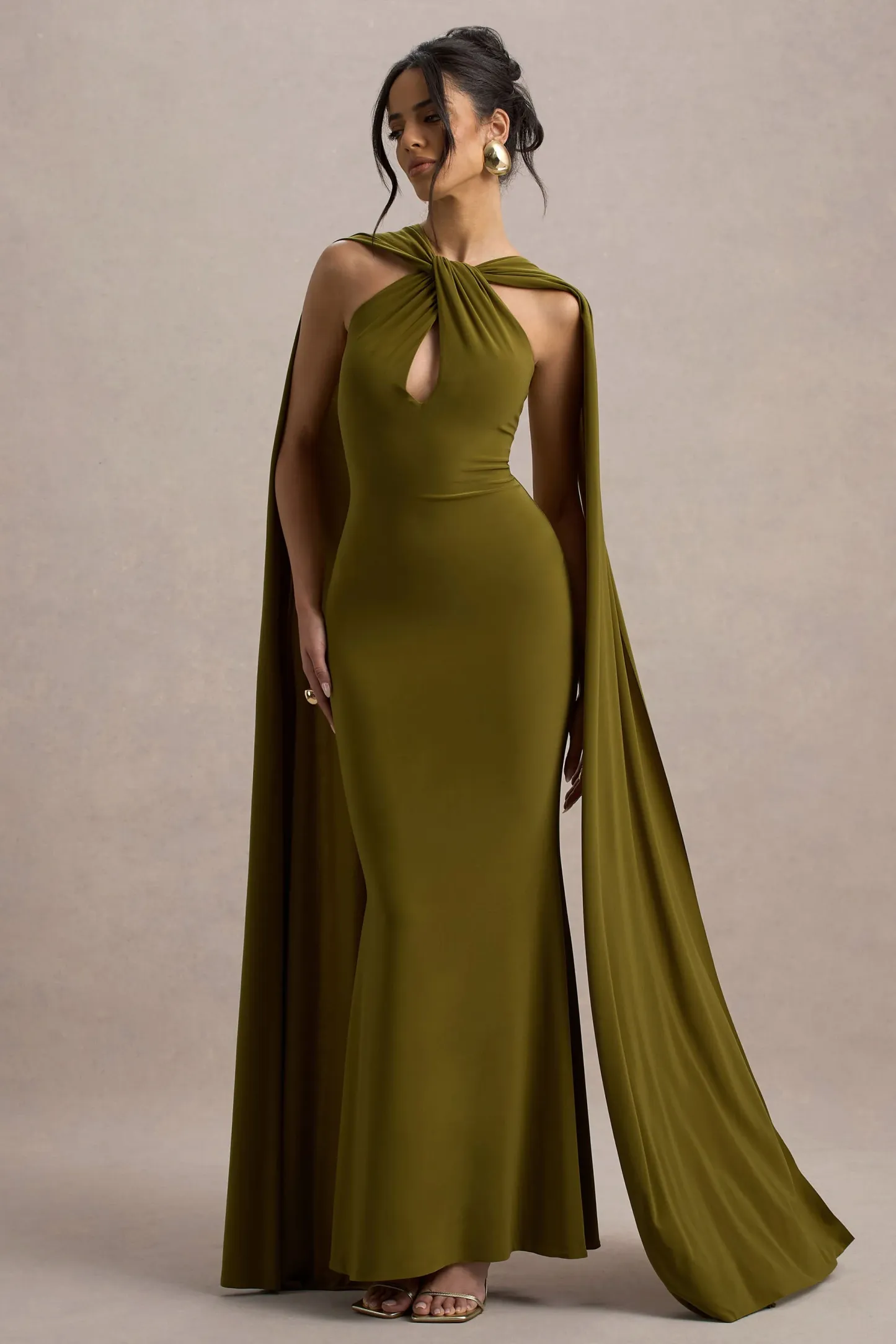 Green Twist Halter-Neck Cape Maxi Dress