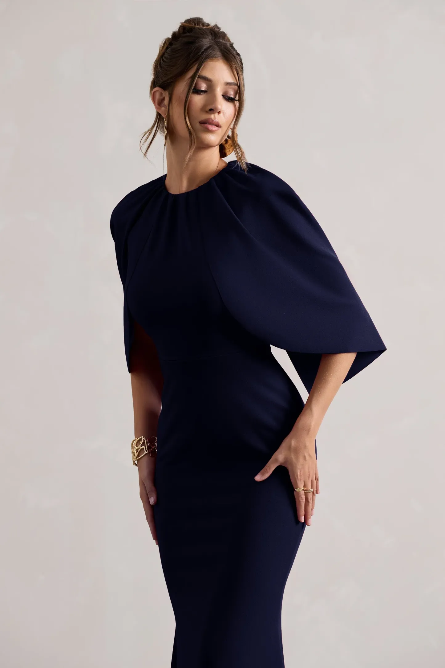 Navy Draped Short-Sleeve Maxi Dress