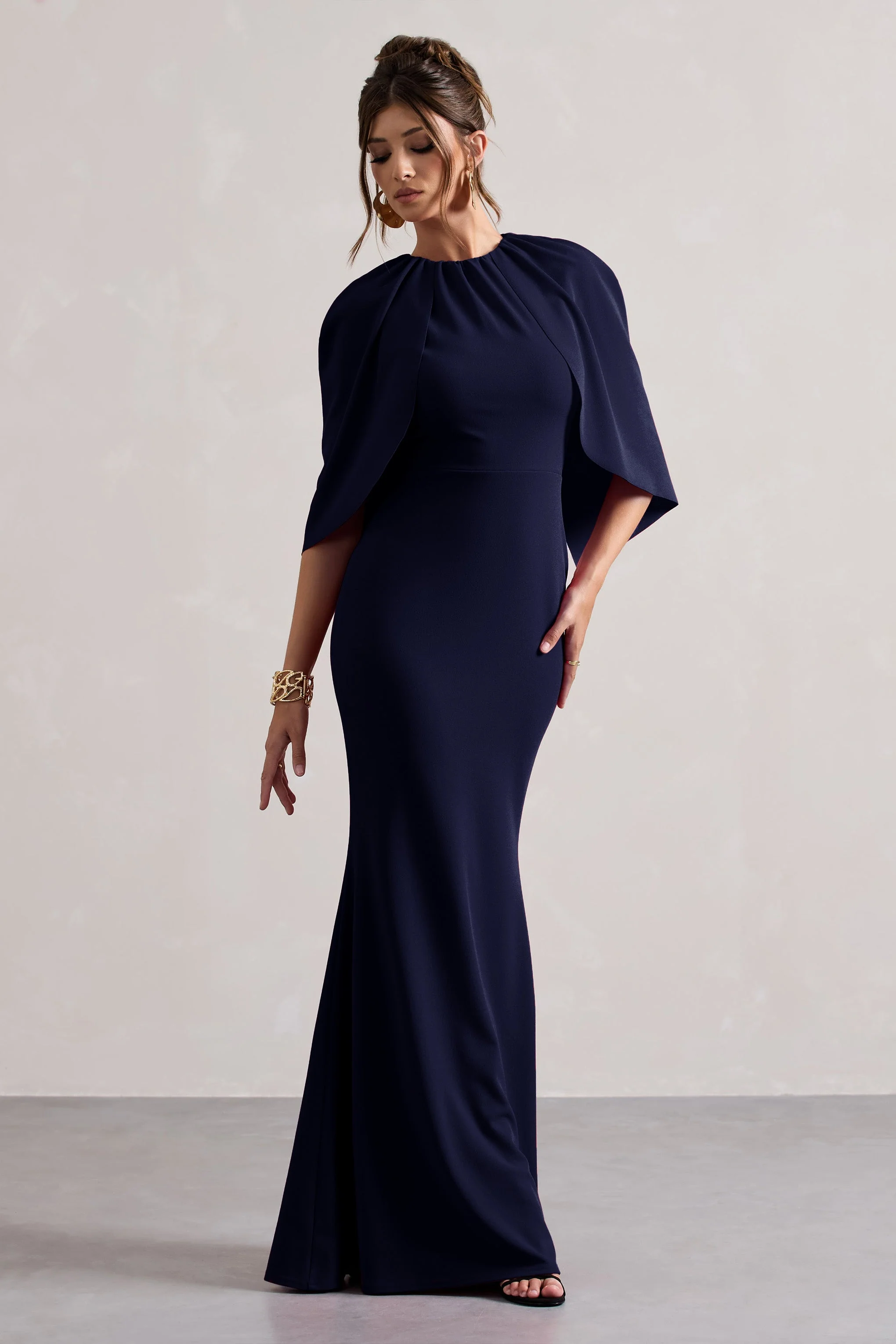 Navy Draped Short-Sleeve Maxi Dress