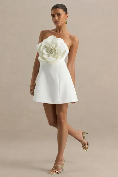 White Bandeau Mini Dress With Large Floral Corsage